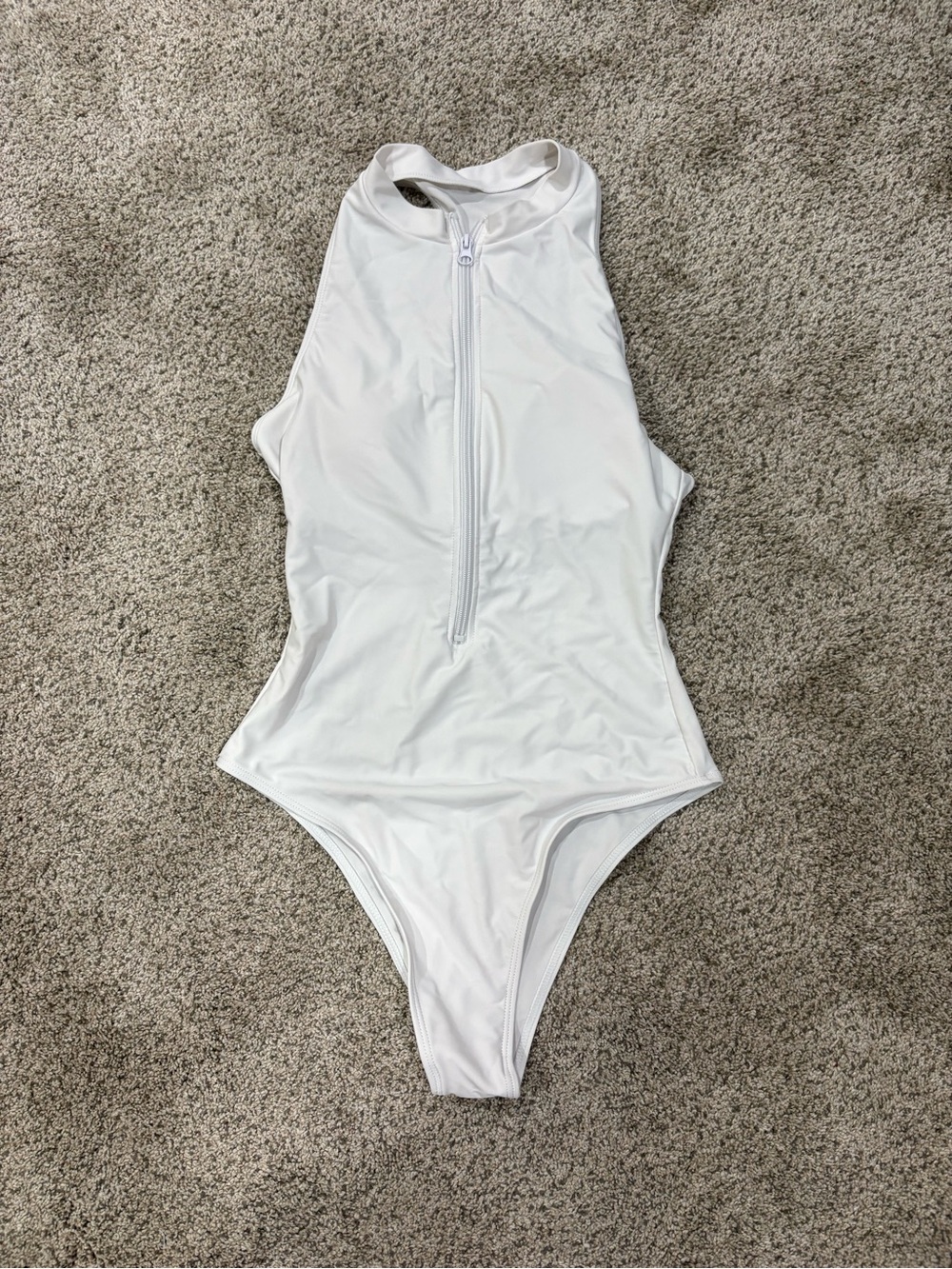 3 for $18 SALE White High Neck One-Piece Swimsuit with Front Zip